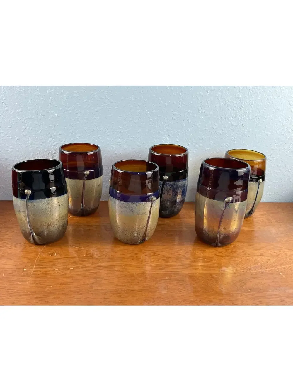VTG Frederck Warren Art Glass Tumblers Set of 6 Amber Cobalt Iridescent